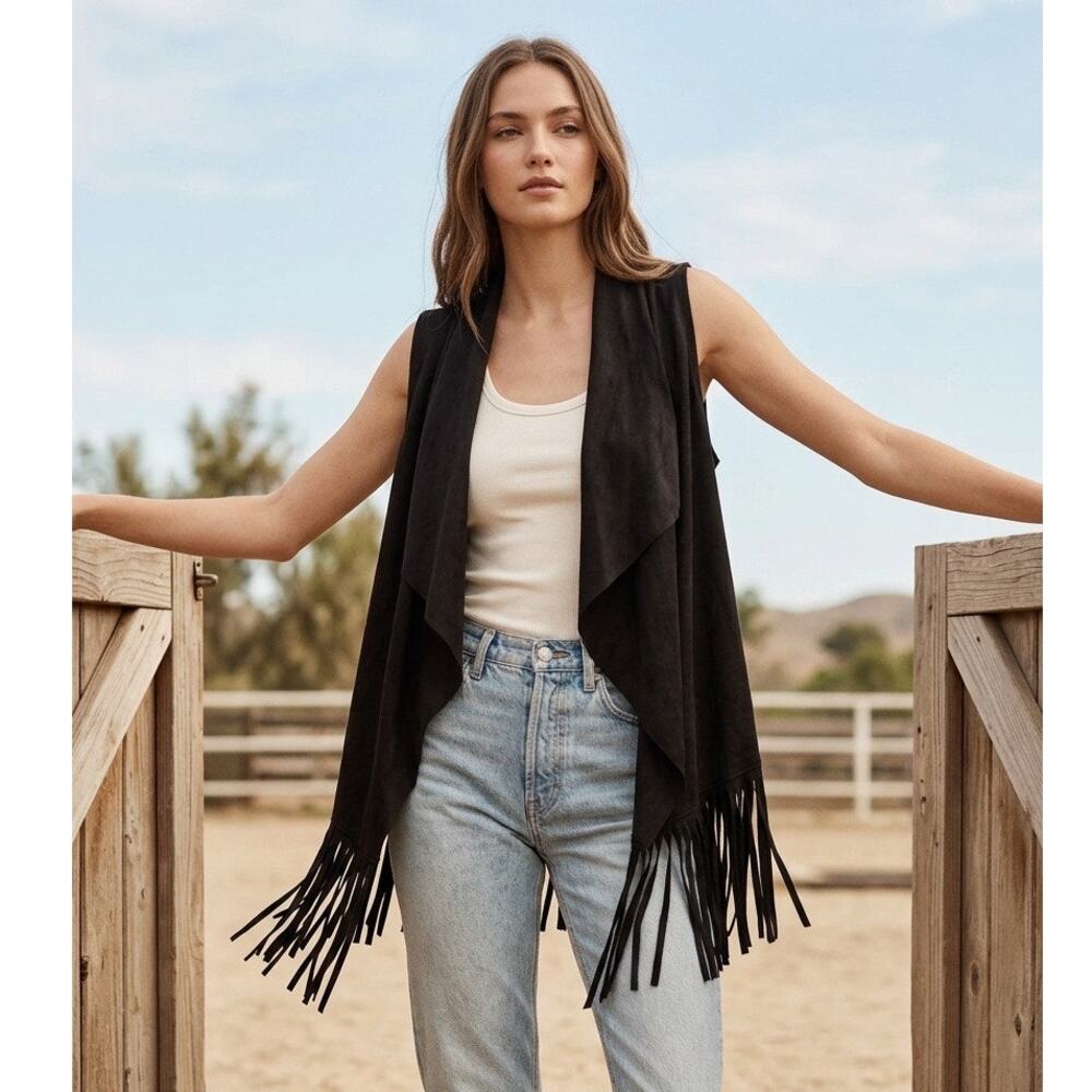 Ultra Flirt Faux Suede Black Fringe Waterfall Vest Large Open Front Western Boho